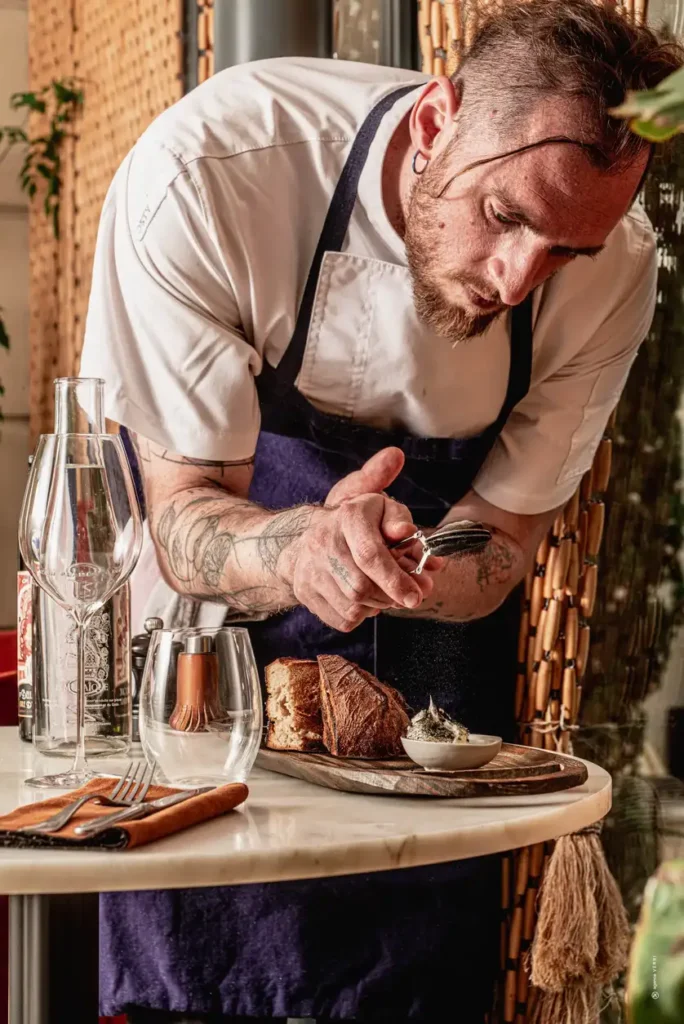 Chef del restaurante Le Mosaïque en Narbona emplatando un plato gastronómico